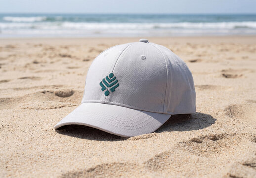 Blank Cap on Sandy Beach with Ocean Background Mockup