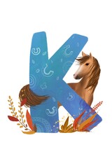Illustration of a letter K featuring a horse with floral elements and a blue gradient background © Yelyzaveta