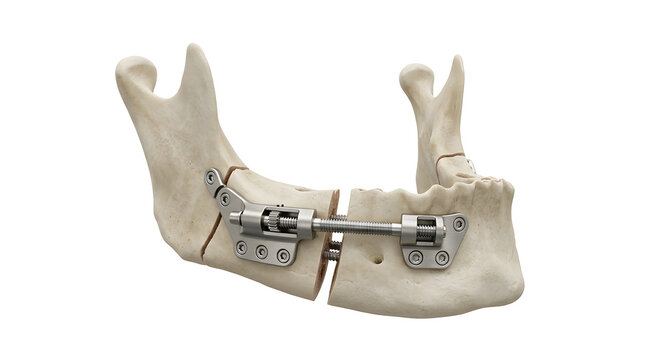 High-Detail 3D Render of a Distraction Osteogenesis Jaw Device on Human Mandible, suitable for science education, isolated on a white background