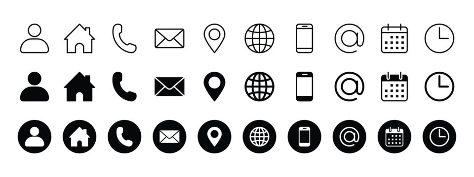 A comprehensive collection of essential contact and communication icons in outline, solid, and circular styles, suitable for web and app design interfaces.