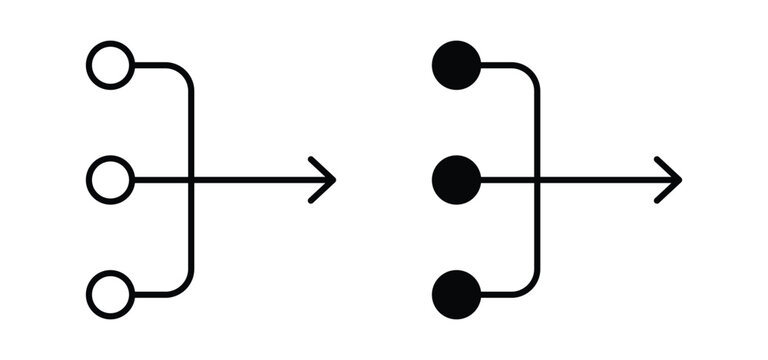 Vector illustration featuring two icons representing data flow, merging, or splitting processes with multiple inputs and a single output arrow.