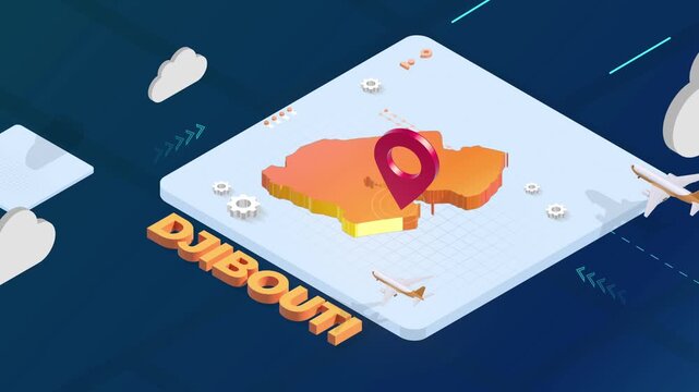 Isometric 3D Render of Djibouti Map with Red Location Pin Pointer and Floating Airplanes
