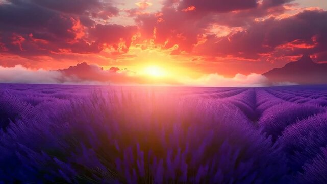 Cinematic wide shot of endless lavender fields at sunset, rolling purple rows under a vibrant golden sky with low clouds, quiet luxury aesthetic, inspired by Provence countryside landscape.