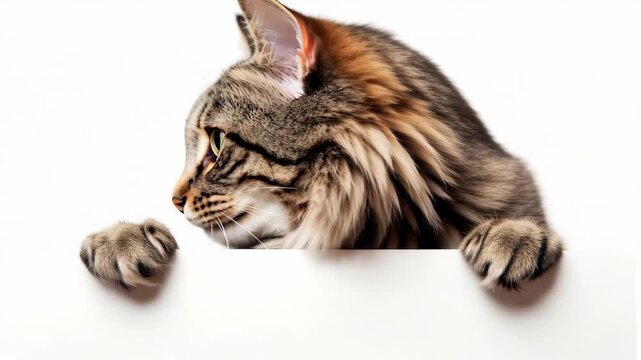 This cute Maine Coon cat playfully peeks over a blank sign, charming everyone. Its perfect for pet lovers and a great way to promote our delightful cats and their wonderful traits