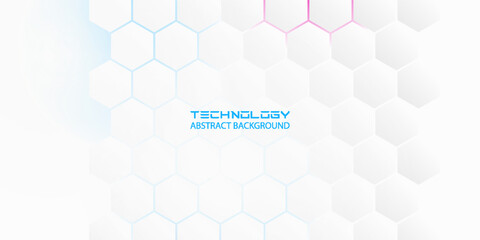 Fototapeta premium Abstract technology background with hexagonal mosaic structure. Creative pink and blue geometric network pattern with copy space for business banner.