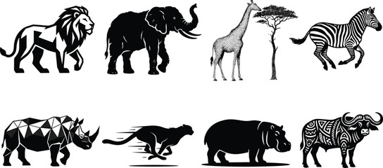 African wildlife silhouette collection, lion, elephant, giraffe, zebra, rhinoceros, cheetah, hippopotamus, buffalo, safari vector illustration © SHAMIM