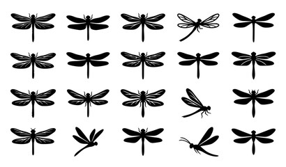 Fototapeta premium Dragonfly Black Silhouette Vector Pack with Minimal Flat Insect Icons