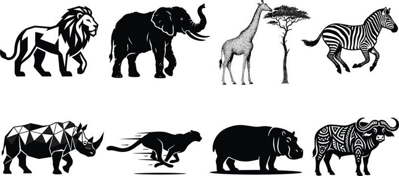 African wildlife silhouette collection, lion, elephant, giraffe, zebra, rhinoceros, cheetah, hippopotamus, buffalo, safari vector illustration