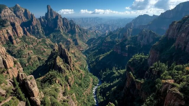 Epic drone shot of a deep mountain canyon with a river flowing at the bottom, steep rocky cliffs and lush green forests, sustainability and wilderness eco tourism concept inspired by Copper Canyon.