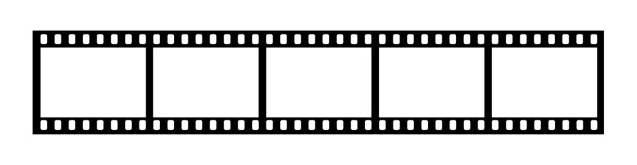 Fototapeta premium Black film strip vector illustration isolated on a transparent background, blank cinema negative film frame template with sprocket holes for photography and video editing.