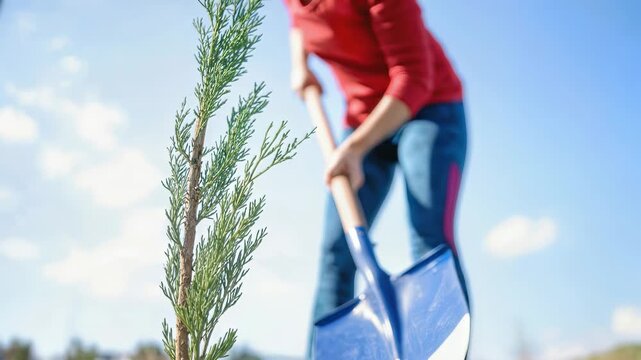 Gardener planting young tree in soil with shovel. Environmental conservation and reforestation concept. Low angle view with selective focus.