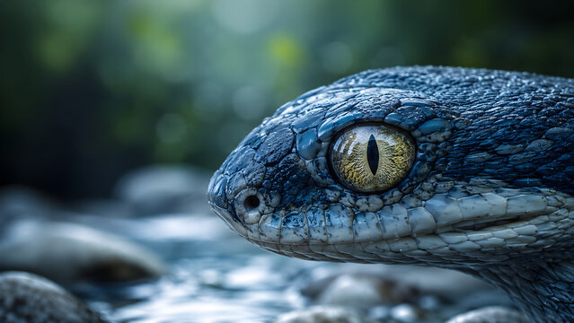 Macro shot of a blue snake head with a striking golden eye