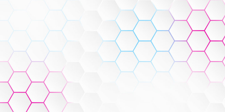 Geometric hexagon pattern background with pink and blue gradient. Simple futuristic abstract network design for business presentation and cover template.