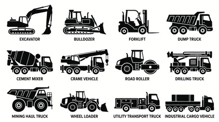 Collection of black and white vector illustrations of various construction and industrial vehicles. © ning