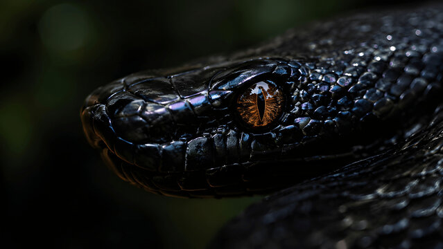 Close up of a black iridescent snake head with orange eye
