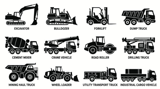 Collection of black and white vector illustrations of various construction and industrial vehicles.