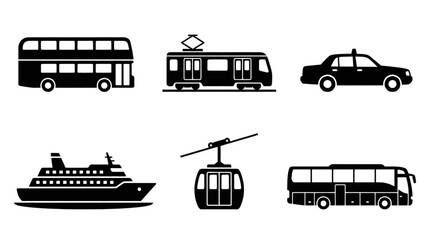 Collection of black and white icons representing various modes of public and private transportation. © ning