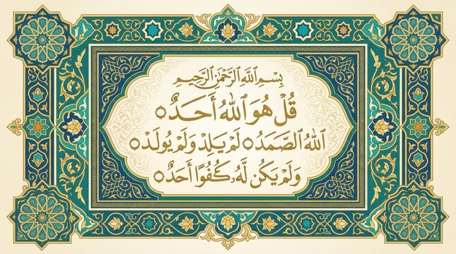 Islamic calligraphy art with arabic text and ornate blue and gold border