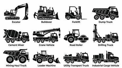 Collection of various construction and industrial heavy machinery vehicles, including excavators, bulldozers, and trucks. © ning