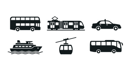 Collection of diverse transportation icons including a double-decker bus, tram, taxi, ferry, cable car, and minivan. © ning