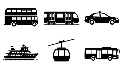Collection of black and white icons representing various modes of public transportation and vehicles. © ning