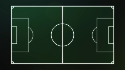 Glowing white line drawing of a soccer pitch viewed from above on a dark green field, tactical sports aesthetic, perfect intro graphic for football broadcasts and sports marketing © DBFilms