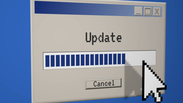 Retro software update window with a loading progress bar and a pixel cursor clicking cancel, nostalgic 90s computing mood for tech marketing and system upgrade visuals