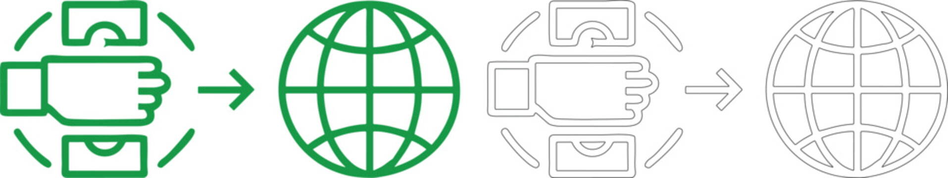 Global finance and money transfer featuring hands with cash and globes in green solid and grey outline on white background