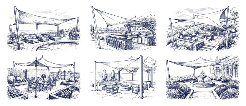Shade sail canopy patio design sketch set showing modern backyard landscaping ideas with outdoor living kitchen, garden dining table, swimming pool deck lounge, fire pit area, and water fountain.