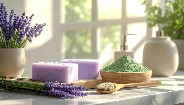 Calming Lavender Soap and Bath Powder Arranged on Sunlit Bathroom Counter