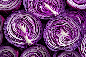 Obraz premium Top View Macro Shot of Sliced Fresh Red Cabbage Halves Forming A Pattern