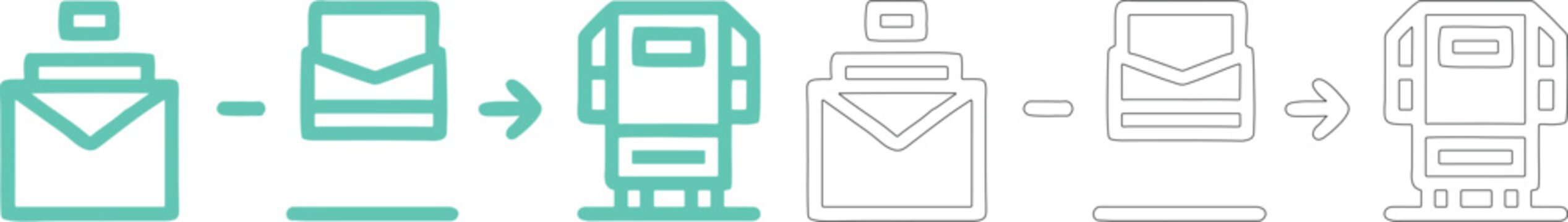 Process flow showing mail and envelope symbols in teal and outline styles representing communication and digital messaging systems