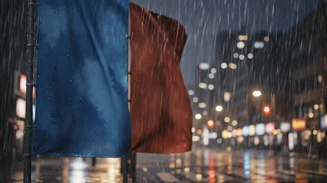 Blue and red fabric banners waving in heavy rain on a blurred city street at night with bokeh lights