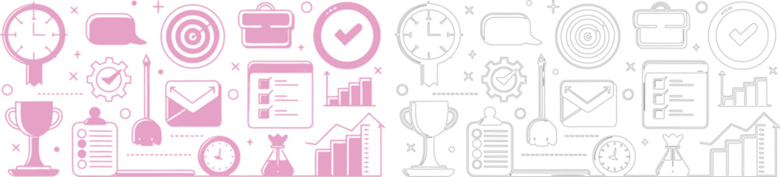 Set of business and productivity in pink and grey, featuring clocks, targets, briefcases, trophies, checklists, and growth charts