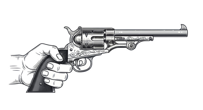 Hand holding vintage revolver handgun with engraved details