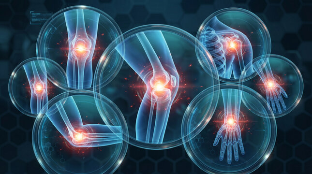 Abstract medical illustration featuring multiple human joints highlighting areas of pain and inflammation within circular holographic displays against dark digital honeycomb background.