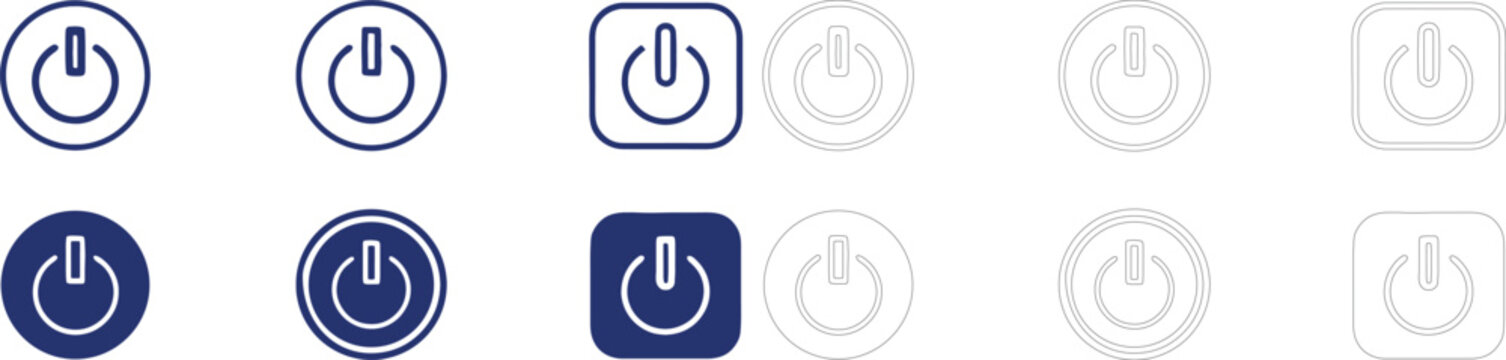 Set of power button in dark blue and outline styles with circular and square frames for electronic device control interfaces
