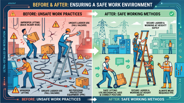 Before and after ensuring a safe work environment with unsafe practices and methods to prevent accidents and injuries