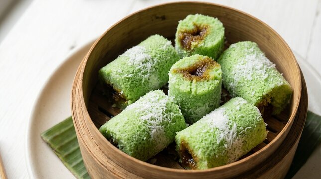 An appetizing close-up shot of sweet Indonesian kue putu bambu green rice cakes with melted palm sugar core and grated coconut inside a bamboo steamer basket.