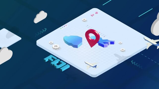 Isometric 3D Render of Fiji Map with Red Location Pin Pointer and Floating Airplanes