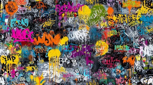 Colorful seamless graffiti wall pattern with spray paint tag, stencil motif and layered texture conveying urban creativity and street art energy.