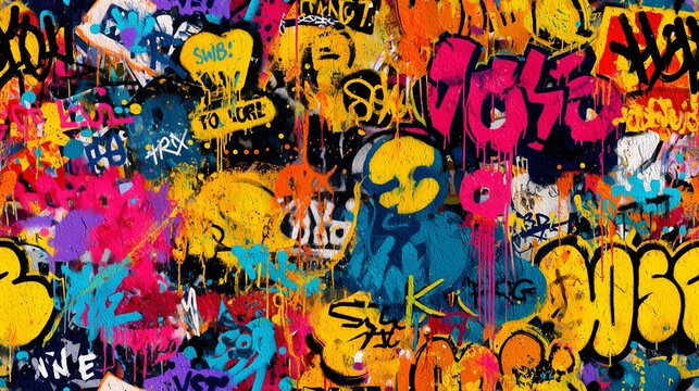 Vibrant seamless graffiti wall pattern featuring spray paint tag, heart motif, cartoon face, and abstract lettering conveying urban energy and creative rebellion.