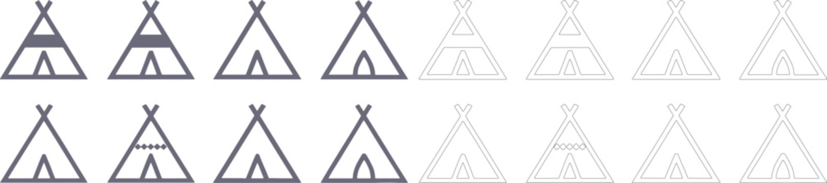Set of teepee tent in purple and grey, featuring various tent with simple line styles on a clean white background