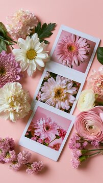 Hot Summer season lifestyle theme. A flat lay composition features a collection of flowers arranged on a pastel pink background. The flowers include pink, white.