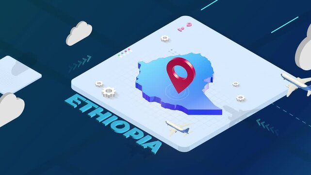 Isometric 3D Render of Ethiopia Map with Red Location Pin Pointer and Floating Airplanes