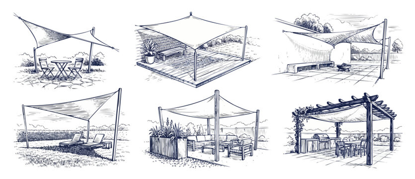 Patio sun shade sail sketches showing outdoor canopy design ideas, backyard pergola layouts, terrace furniture sets, deck landscaping concepts, hand drawn garden illustrations, backyard sunshade sets.