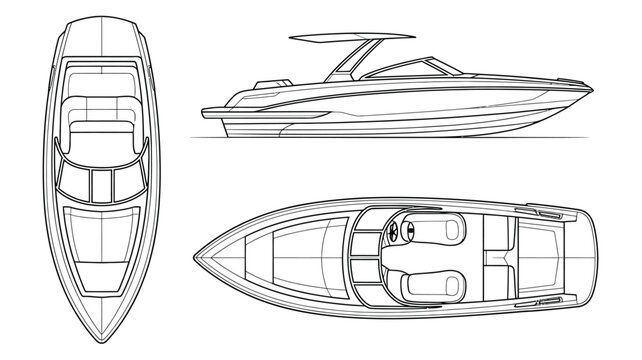 Luxury motor yacht blueprint with top side and front technical views