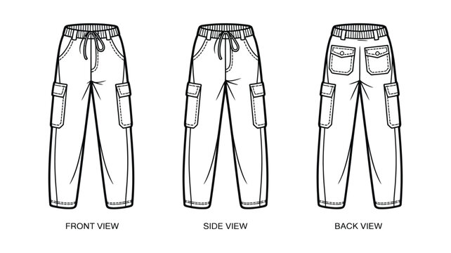 Cargo pants technical drawing with front side and back views