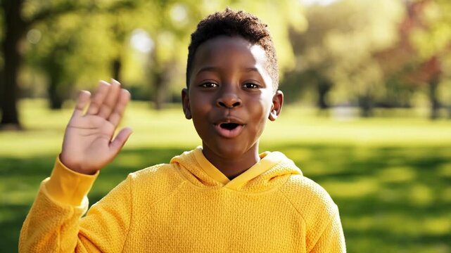 Happy young boy waving hello while standing in a sunny park wearing a yellow hoodie