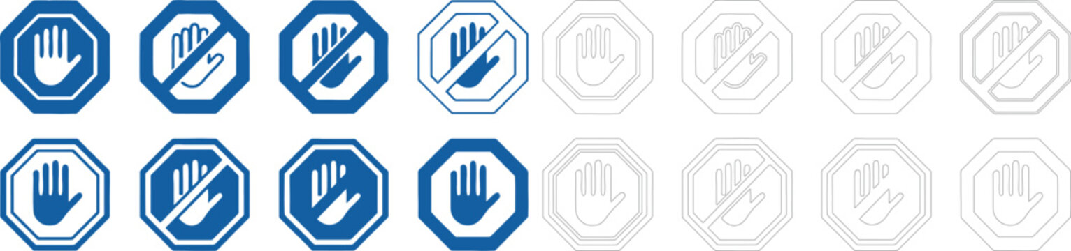 A series of blue and outline stop sign with hand symbols, displayed in various styles on a plain white background